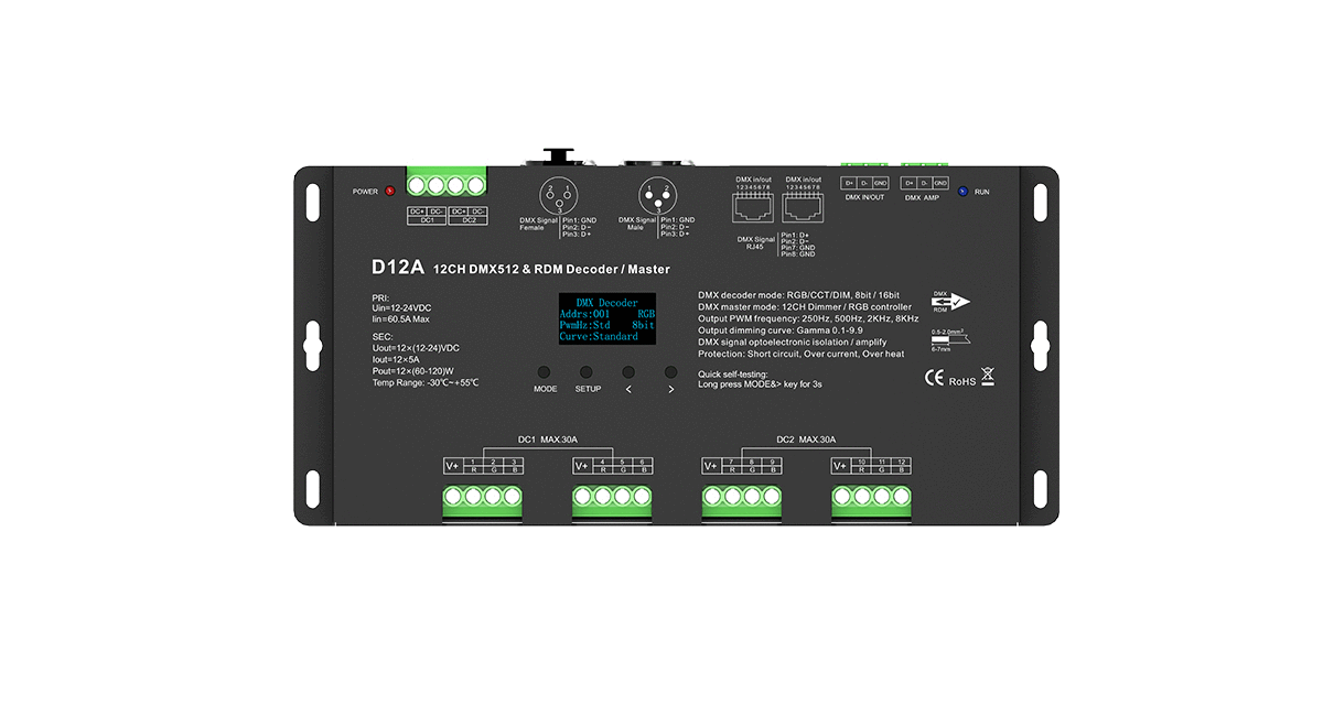 D12A 12CH*5A 12-24VDC CV OLED DMX Decoder